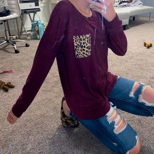 🚫SOLD🚫 Burgundy Top W/ Leopard Pocket